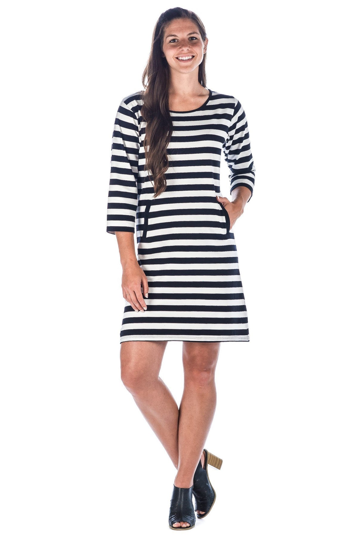 Women's Premium Cotton Knit Dress - Stripe  - Black/White