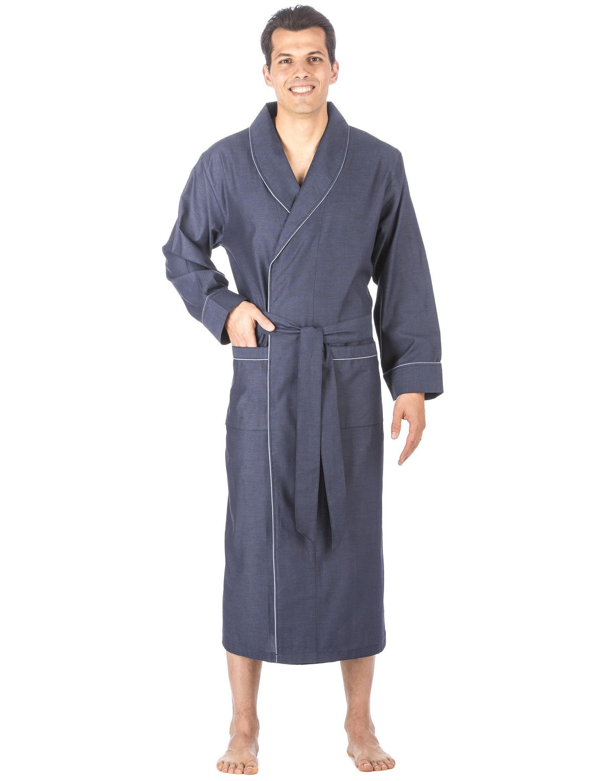 Men's Premium 100% Cotton Full-Length Robe - Textured Navy