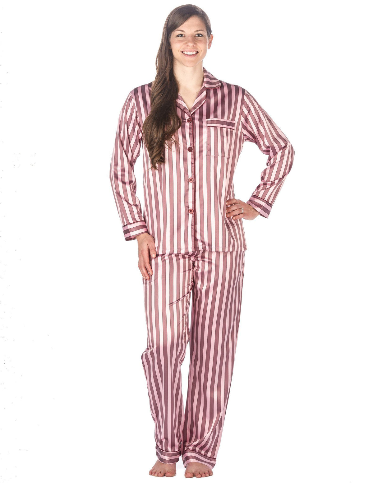 Women's Premium Satin Pajama Sleepwear Set - Stripes - Pink