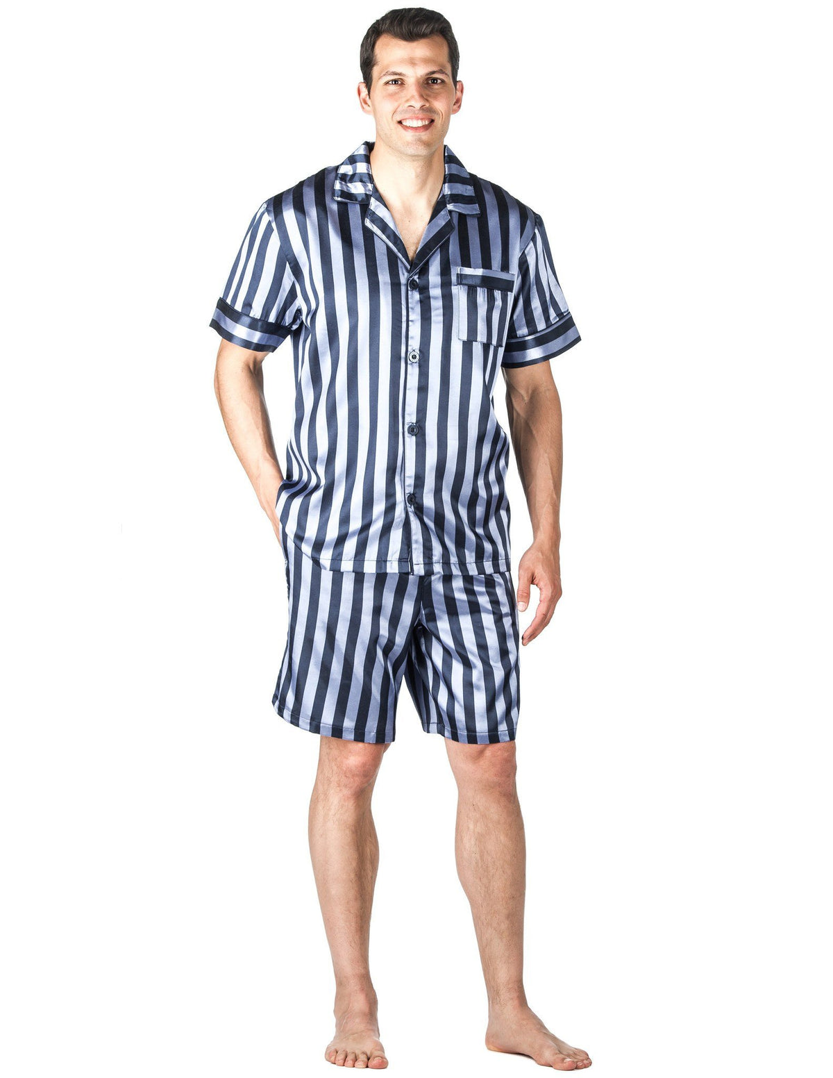 Men's Premium Satin Short Pajama Set - Denim Stripes