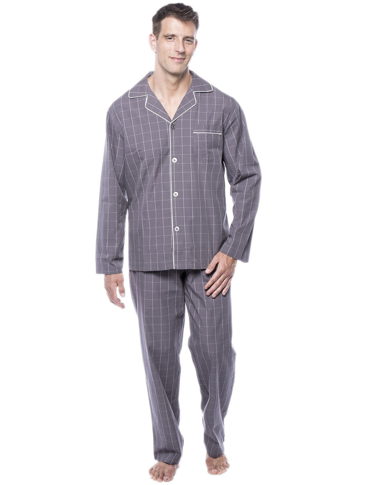 Men's 100% Woven Cotton Pajama Sleepwear Set - Windowpane Checks Grey