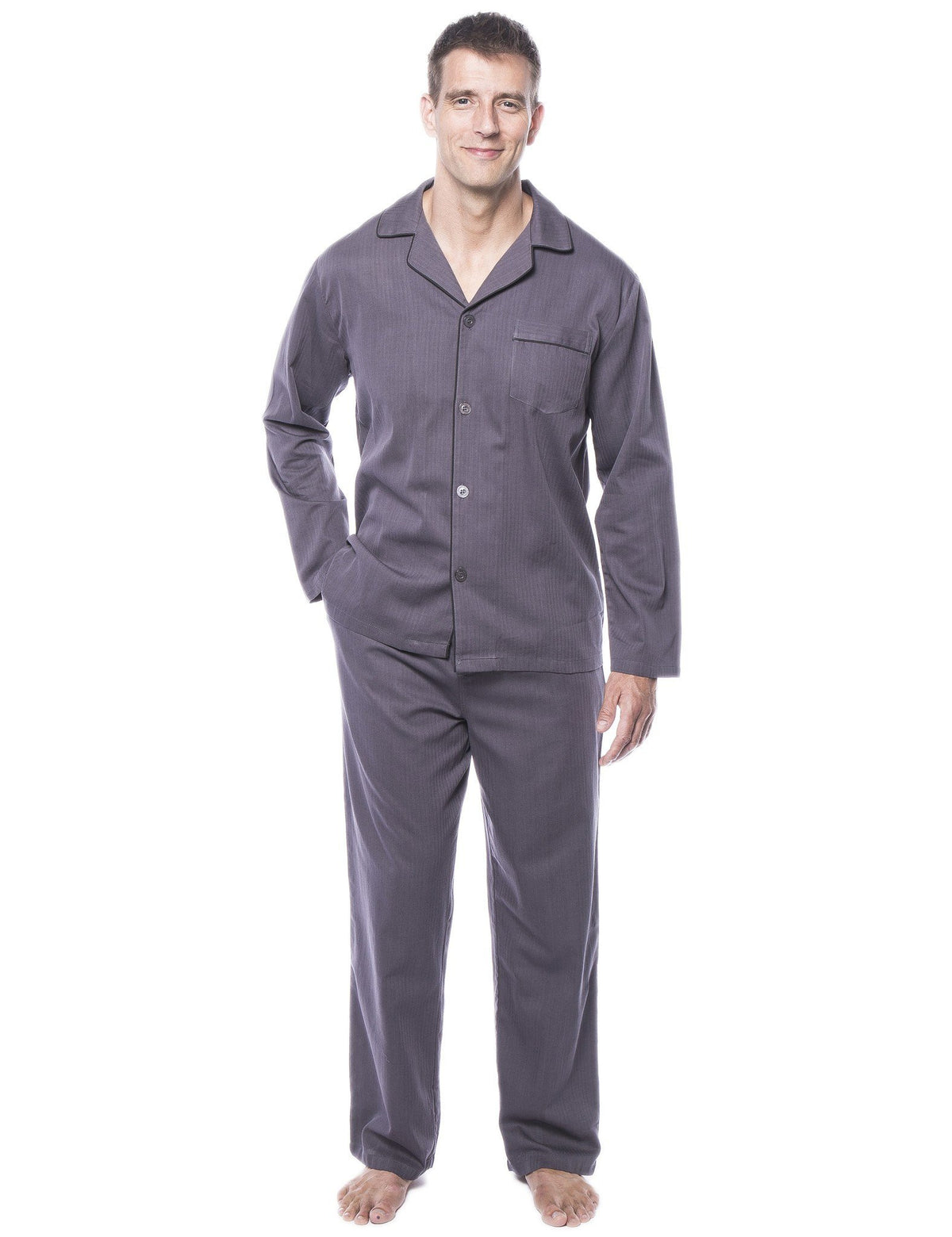 Men's 100% Woven Cotton Pajama Sleepwear Set - Herringbone Dark Grey