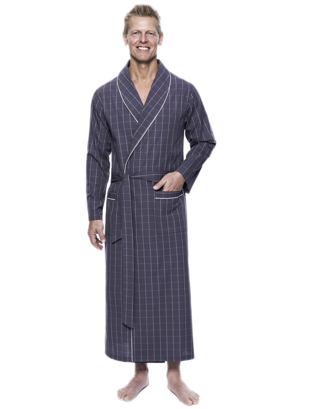 Men's 100% Woven Cotton Robe - Windowpane Checks Grey
