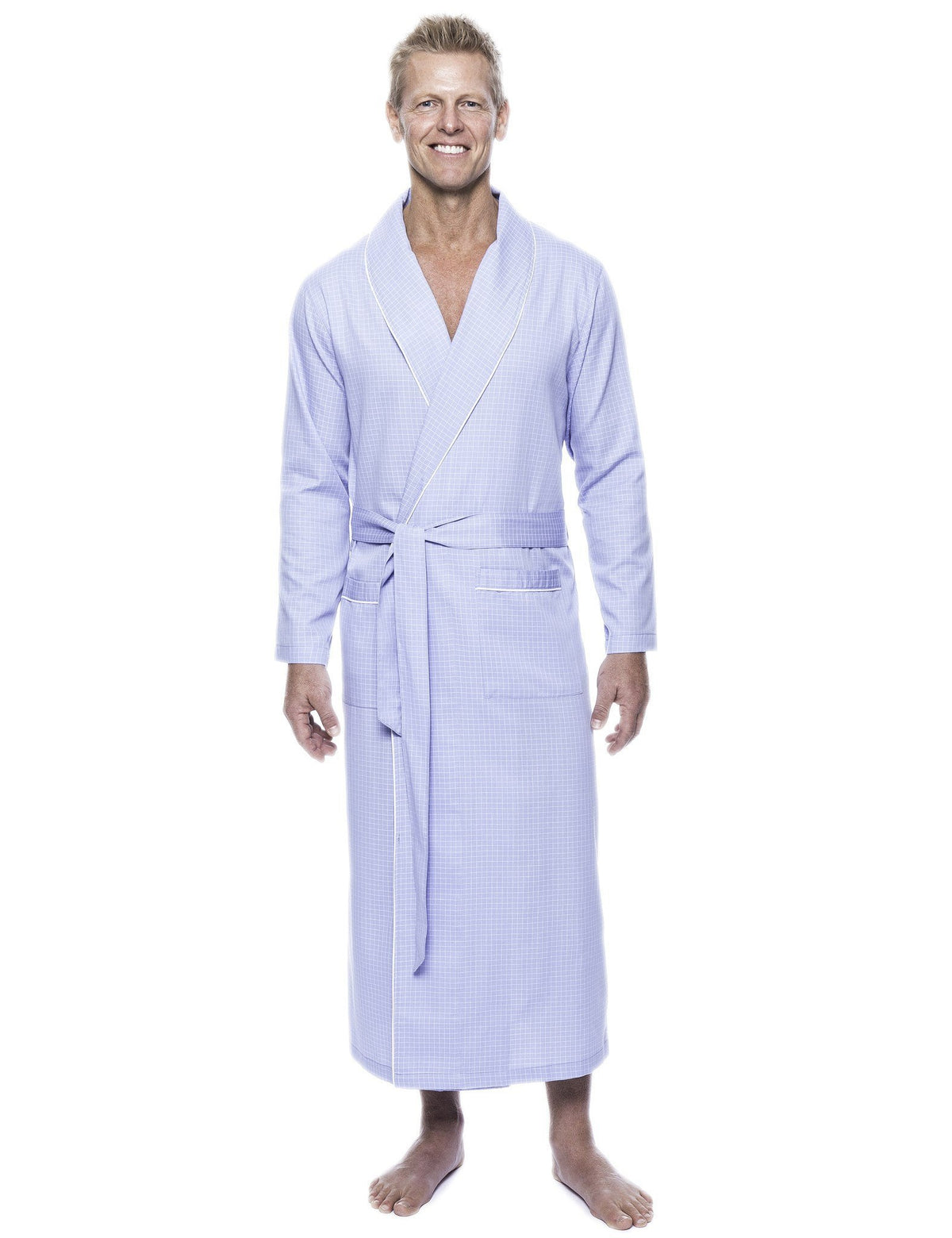 Men's 100% Woven Cotton Robe - Micro Checks Light Blue