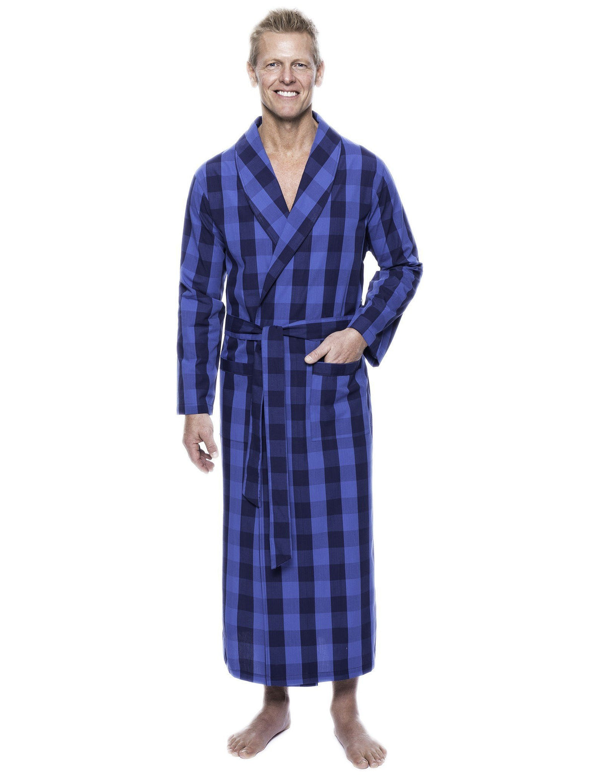 Men's 100% Woven Cotton Robe - Gingham Navy/Blue