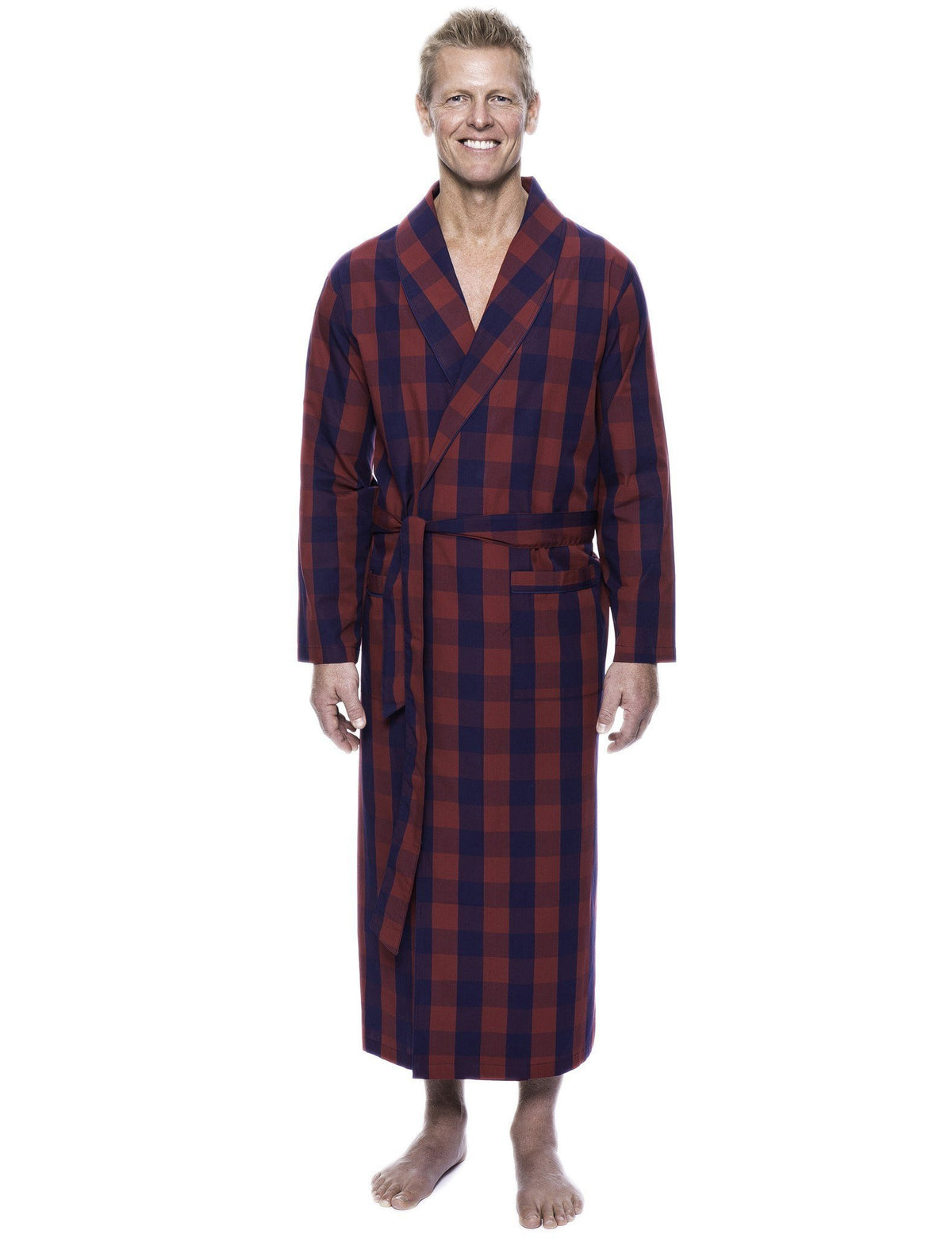 Men's 100% Woven Cotton Robe - Gingham Red/Navy