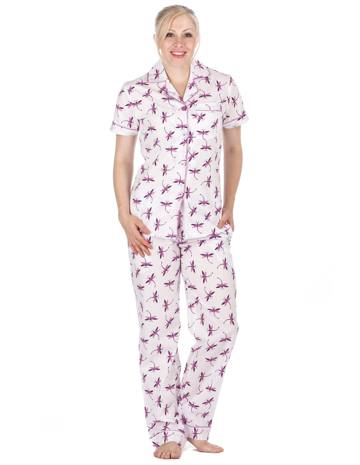 Women's Premium 100% Cotton Poplin Short Sleeve Pajama Set - Firefly - White/Purple