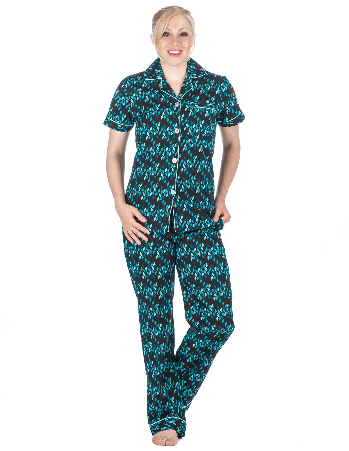 Women's Premium 100% Cotton Poplin Short Sleeve Pajama Set - Fluid Hearts - Navy/Blue