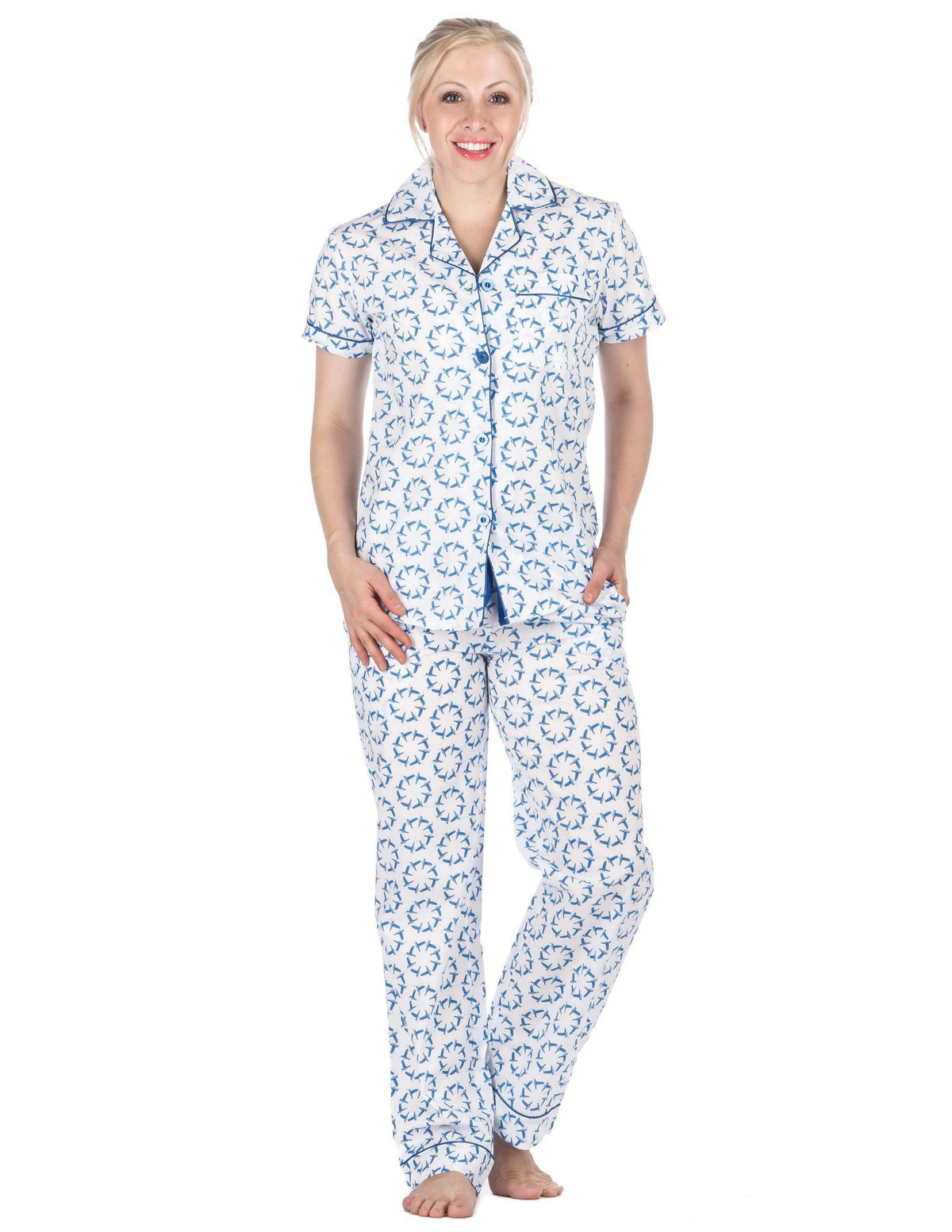 Women's Premium 100% Cotton Poplin Short Sleeve Pajama Set - Humming Wheels - White/Blue