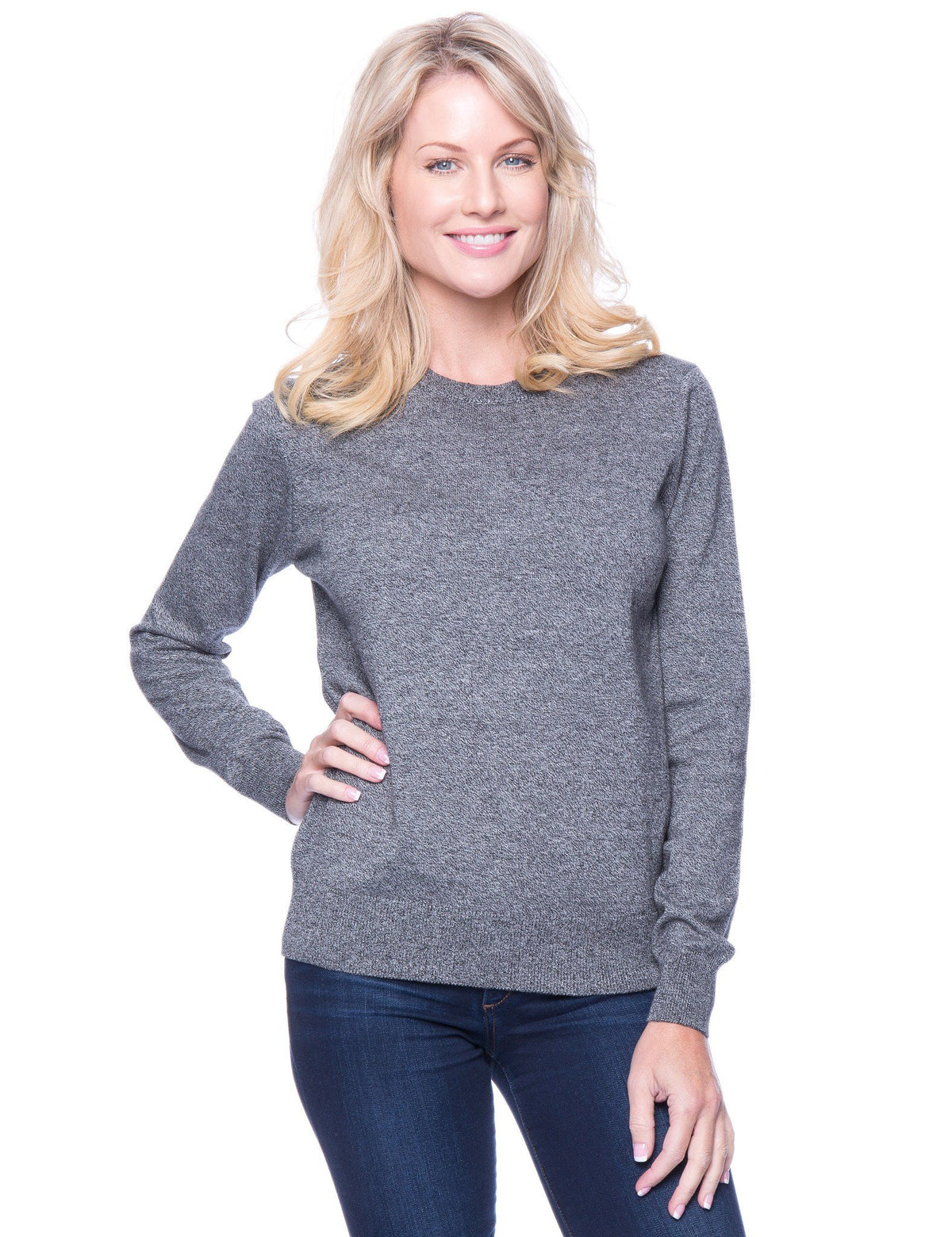 Women's Premium Cotton Crew Neck Sweater - Marl Black/White
