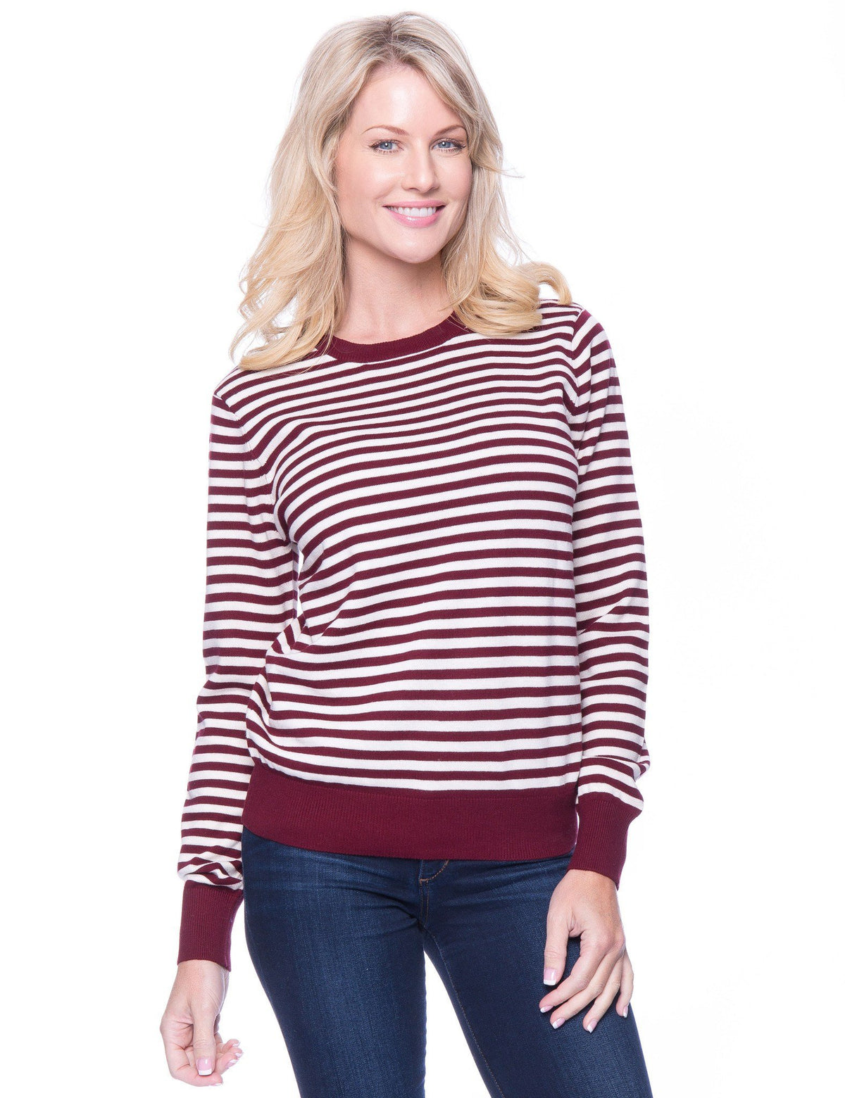 Women's Premium Cotton Crew Neck Sweater - Stripes Bordeaux/Ivory