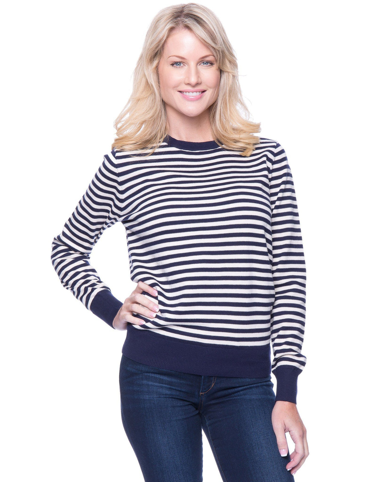 Women's Premium Cotton Crew Neck Sweater - Stripes Navy/Ivory