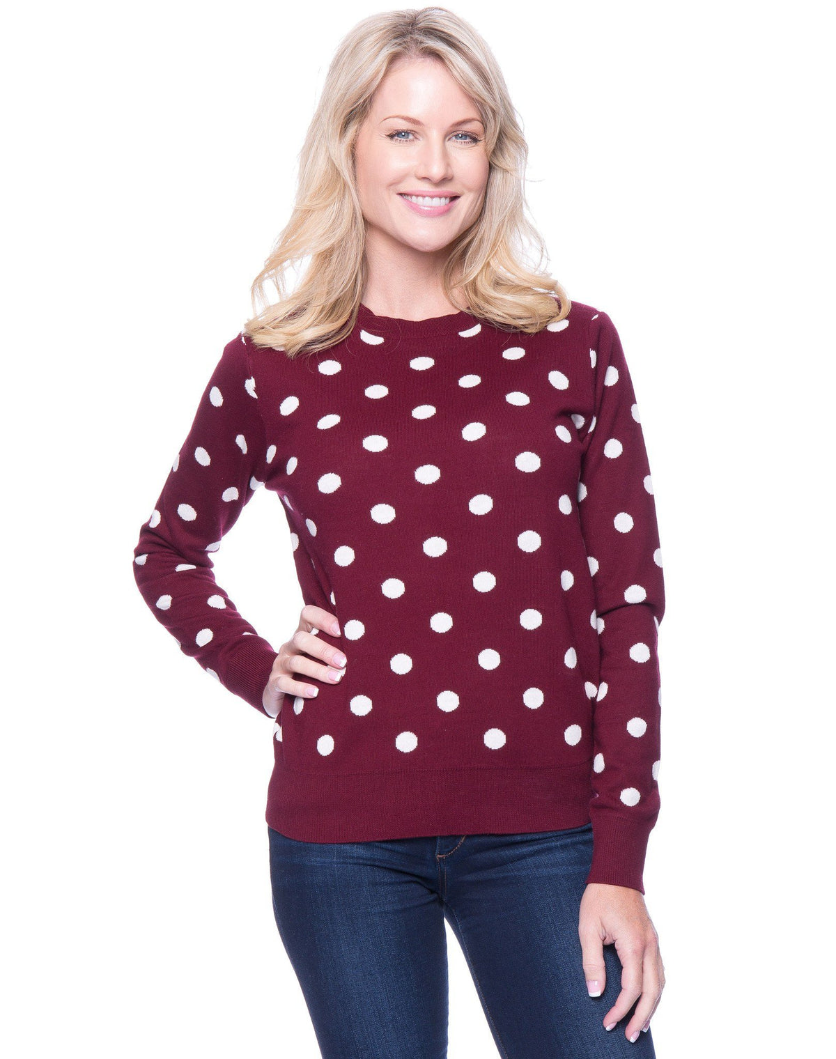 Women's Premium Cotton Crew Neck Sweater - Polka Dots Bordeaux/Ivory