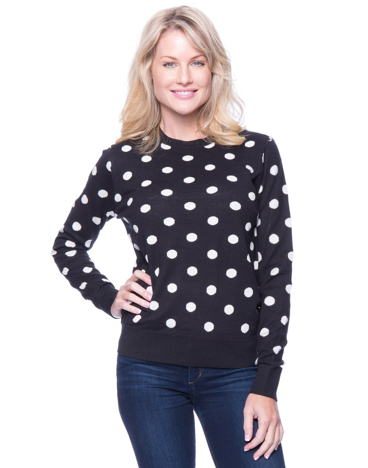Women's Premium Cotton Crew Neck Sweater - Polka Dots Black/Ivory