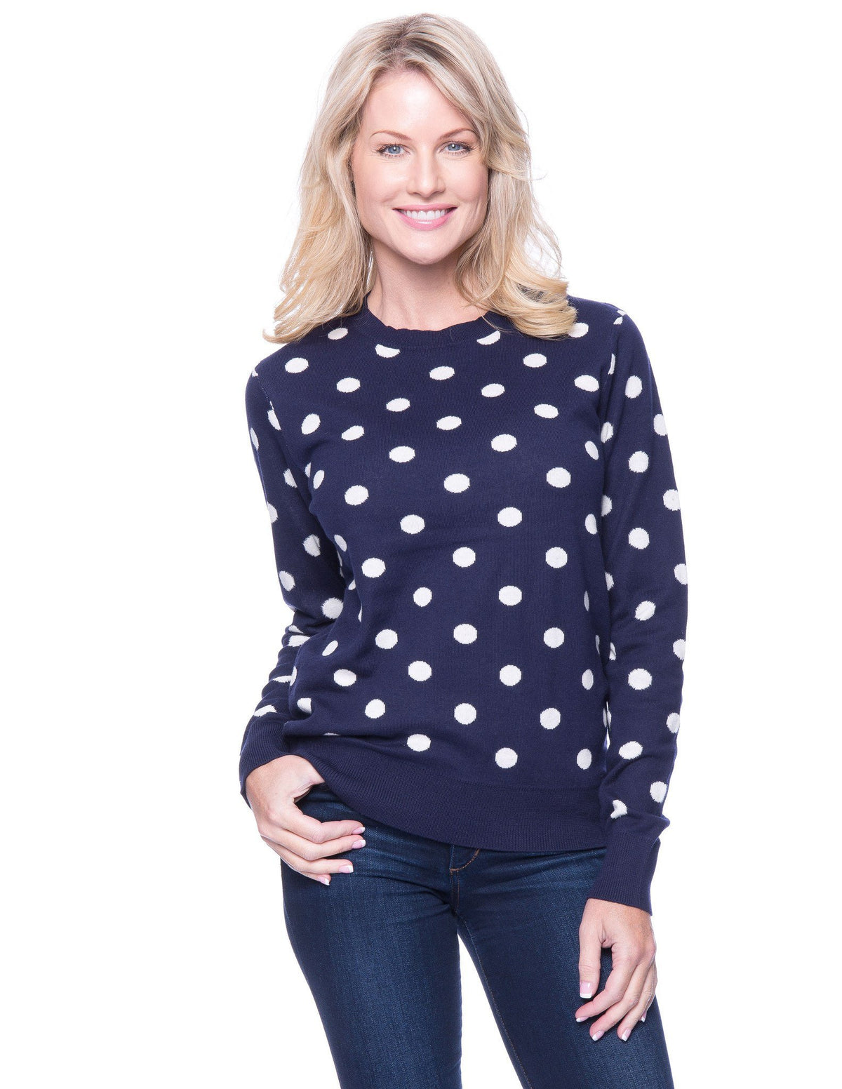 Women's Premium Cotton Crew Neck Sweater - Polka Dots Navy/Ivory