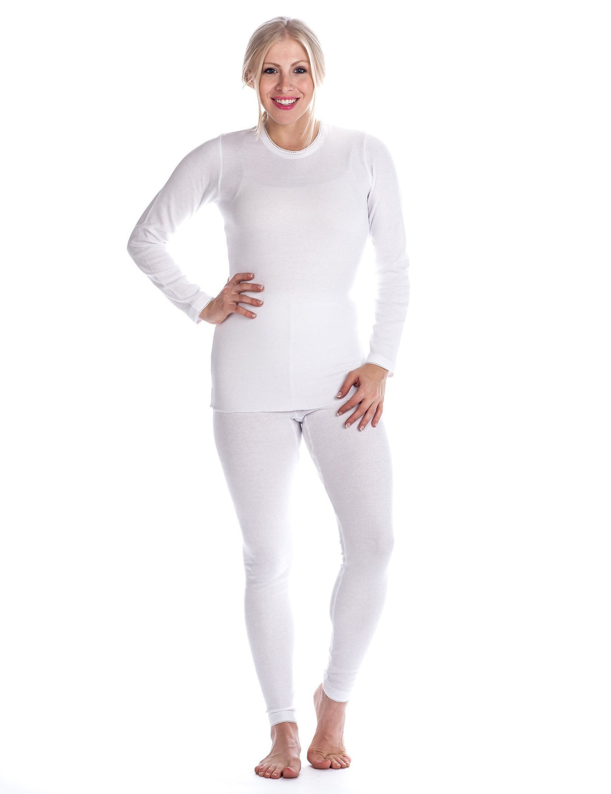 Women's Extreme Cold Waffle Knit Thermal Top and Bottom Set - White