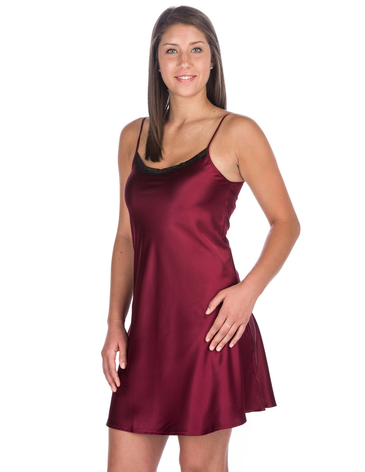 Women's Premium Satin Chemise/Nightgown with Lace Accent - Wine
