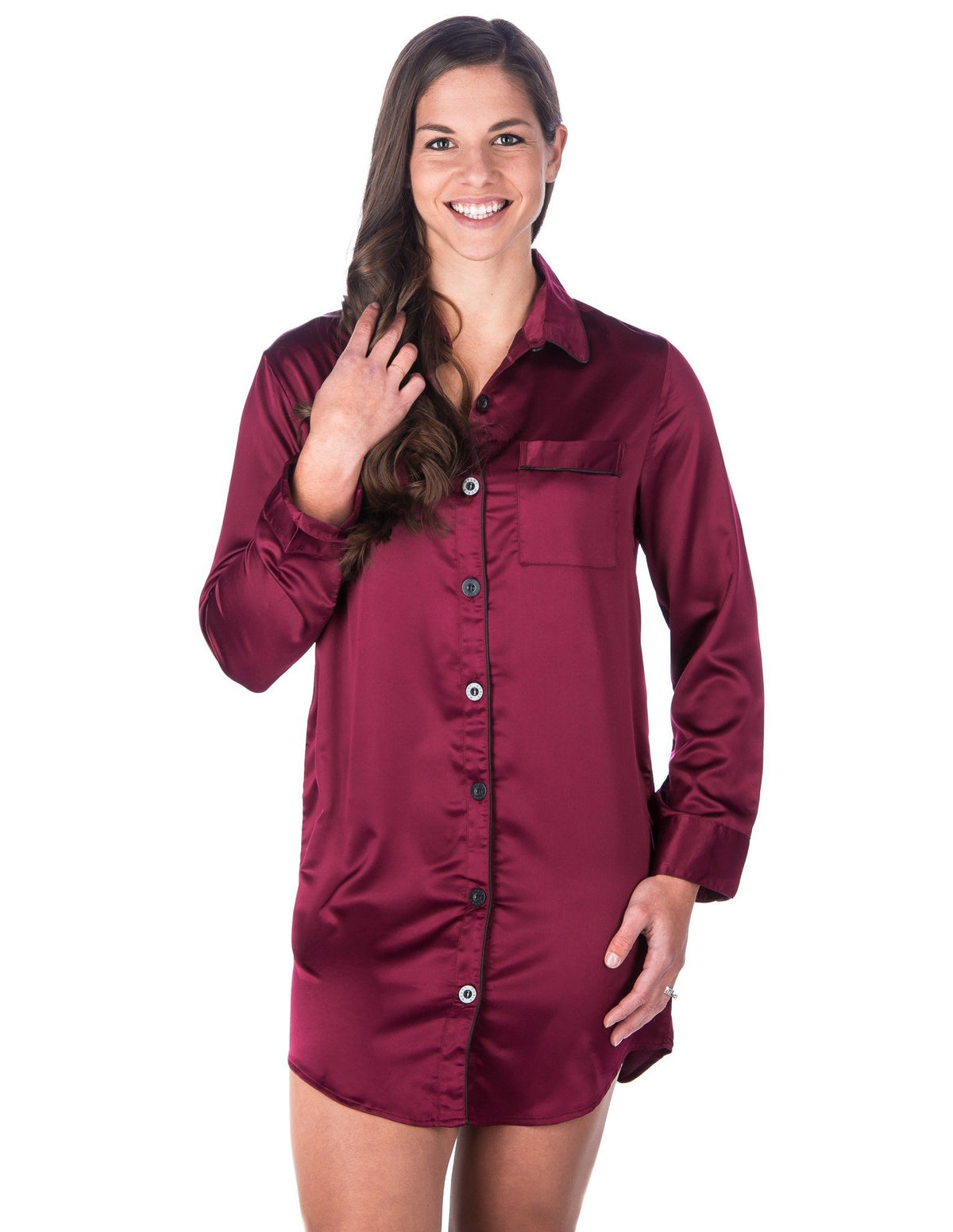 Women's Premium Satin Long Sleeve Sleep Shirt - Wine