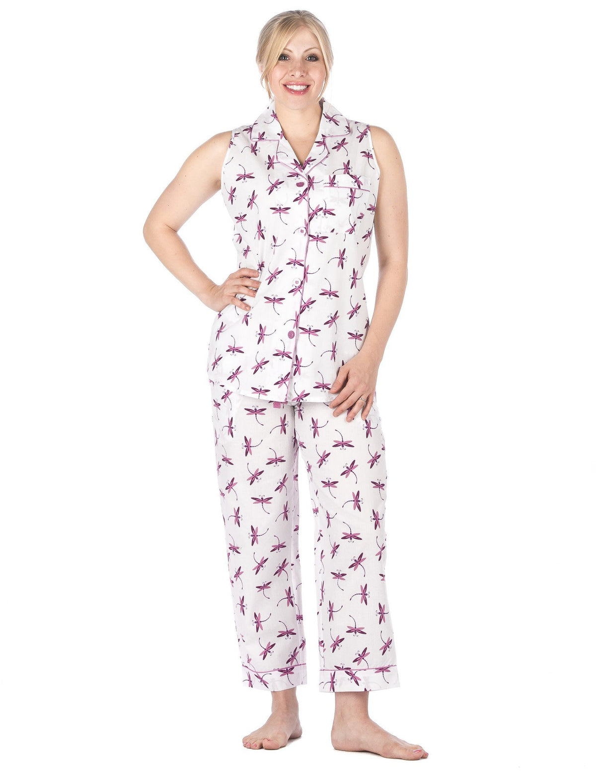 Women's Premium 100% Cotton Poplin Sleeveless Pajama Set - Firefly - White/Purple