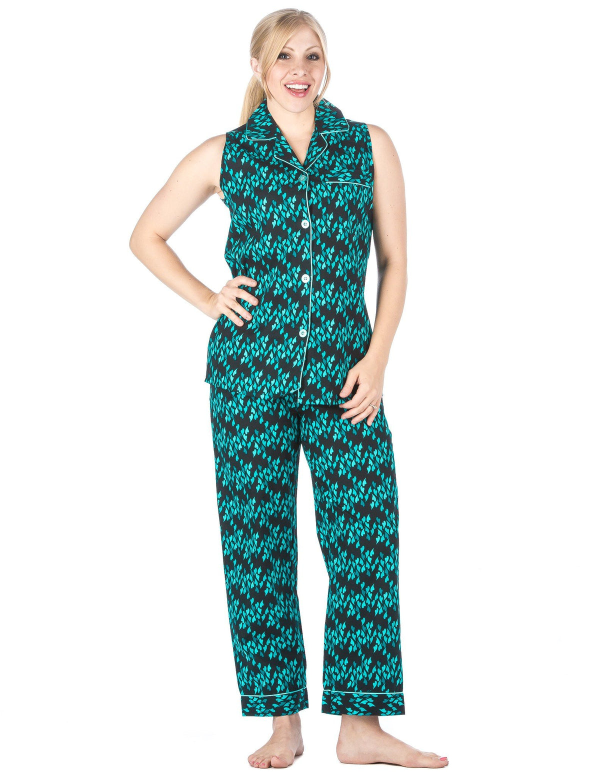 Women's Premium 100% Cotton Poplin Sleeveless Pajama Set - Fluid Hearts - Navy/Blue