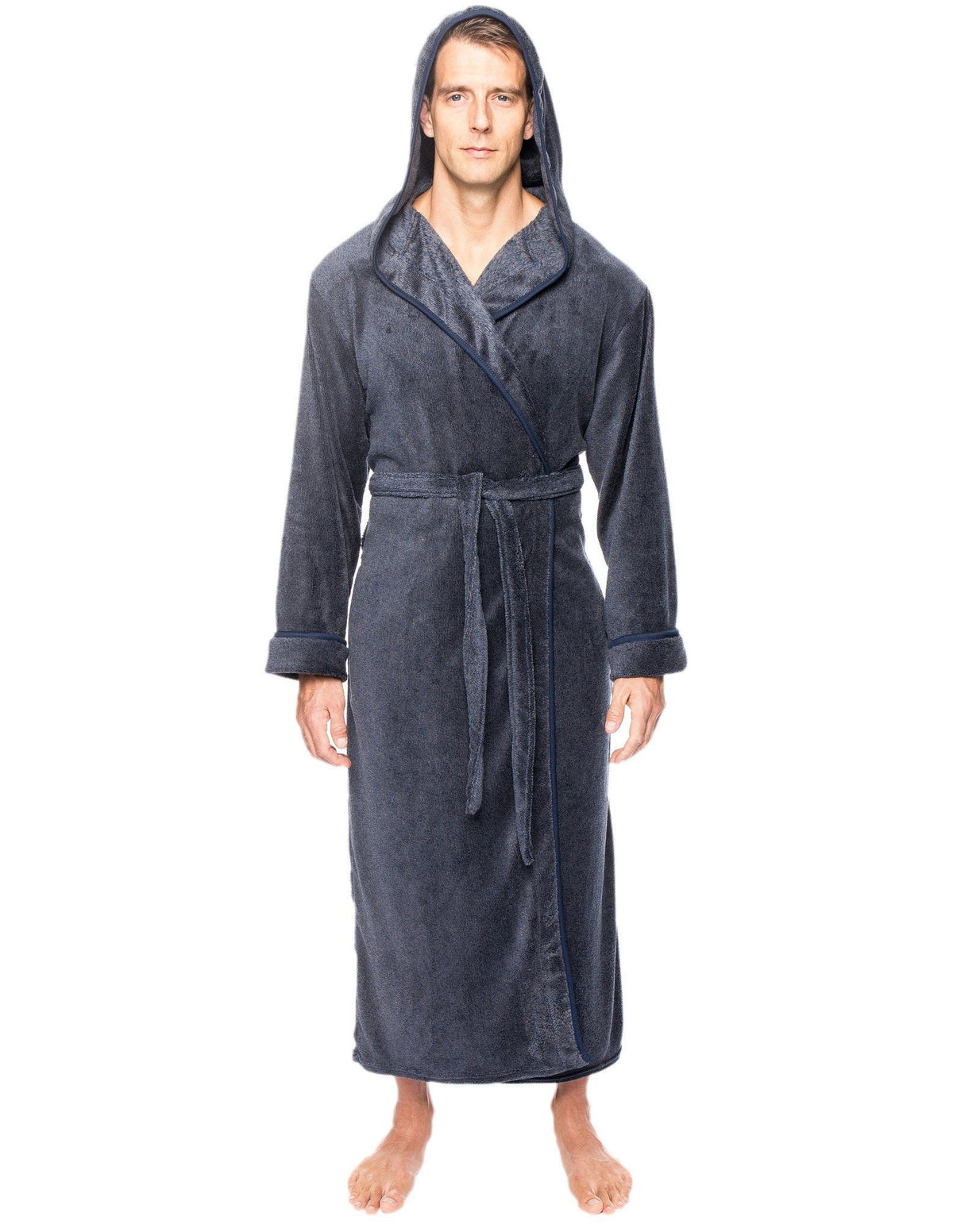 Men's Premium Coral Fleece Long Hooded Plush Spa/Bath Robe - Marl Navy/Grey