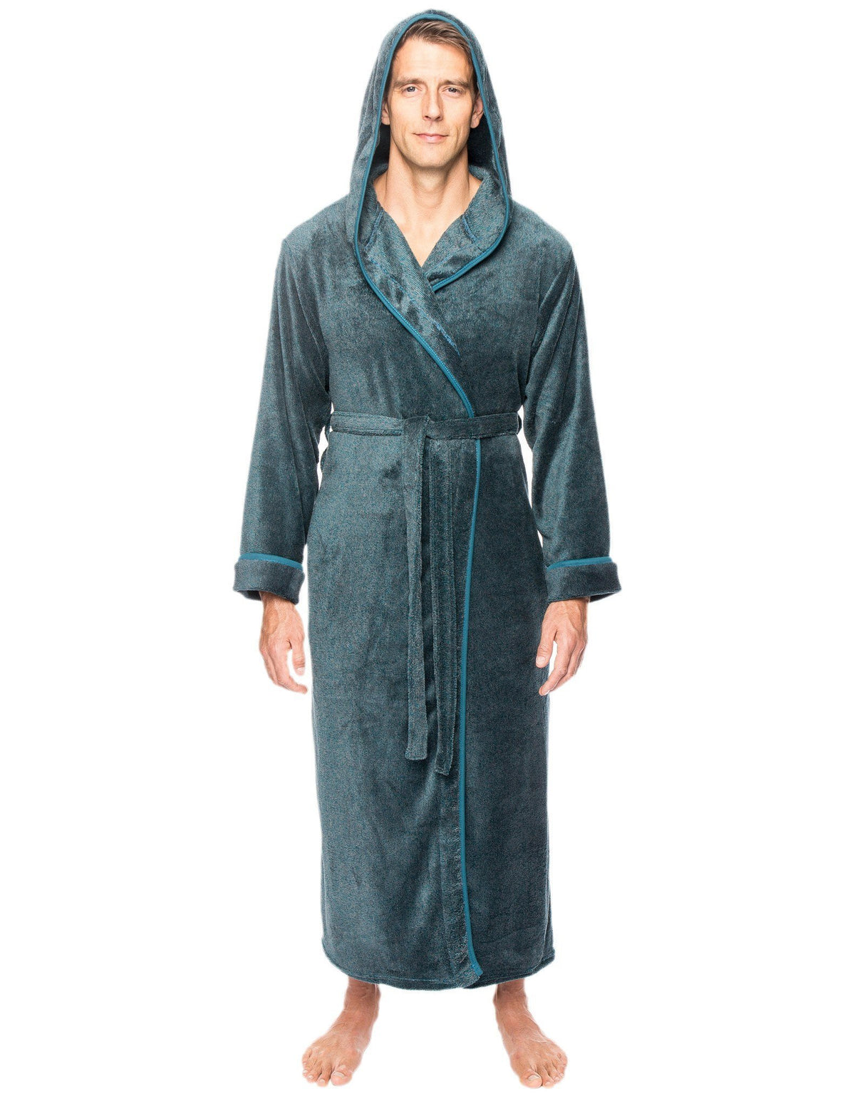 Men's Premium Coral Fleece Long Hooded Plush Spa/Bath Robe - Marl Teal/Grey