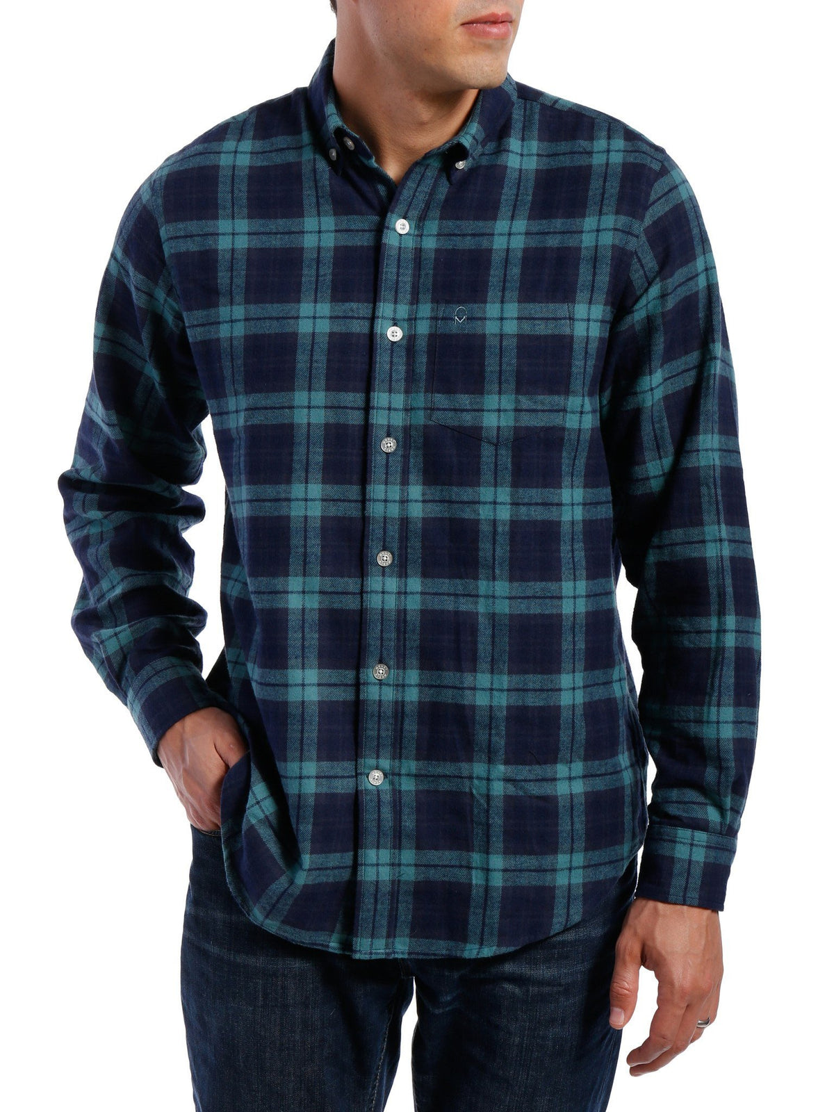 Mens 100% Cotton Flannel Shirt - Regular Fit - Navy-Green Plaid