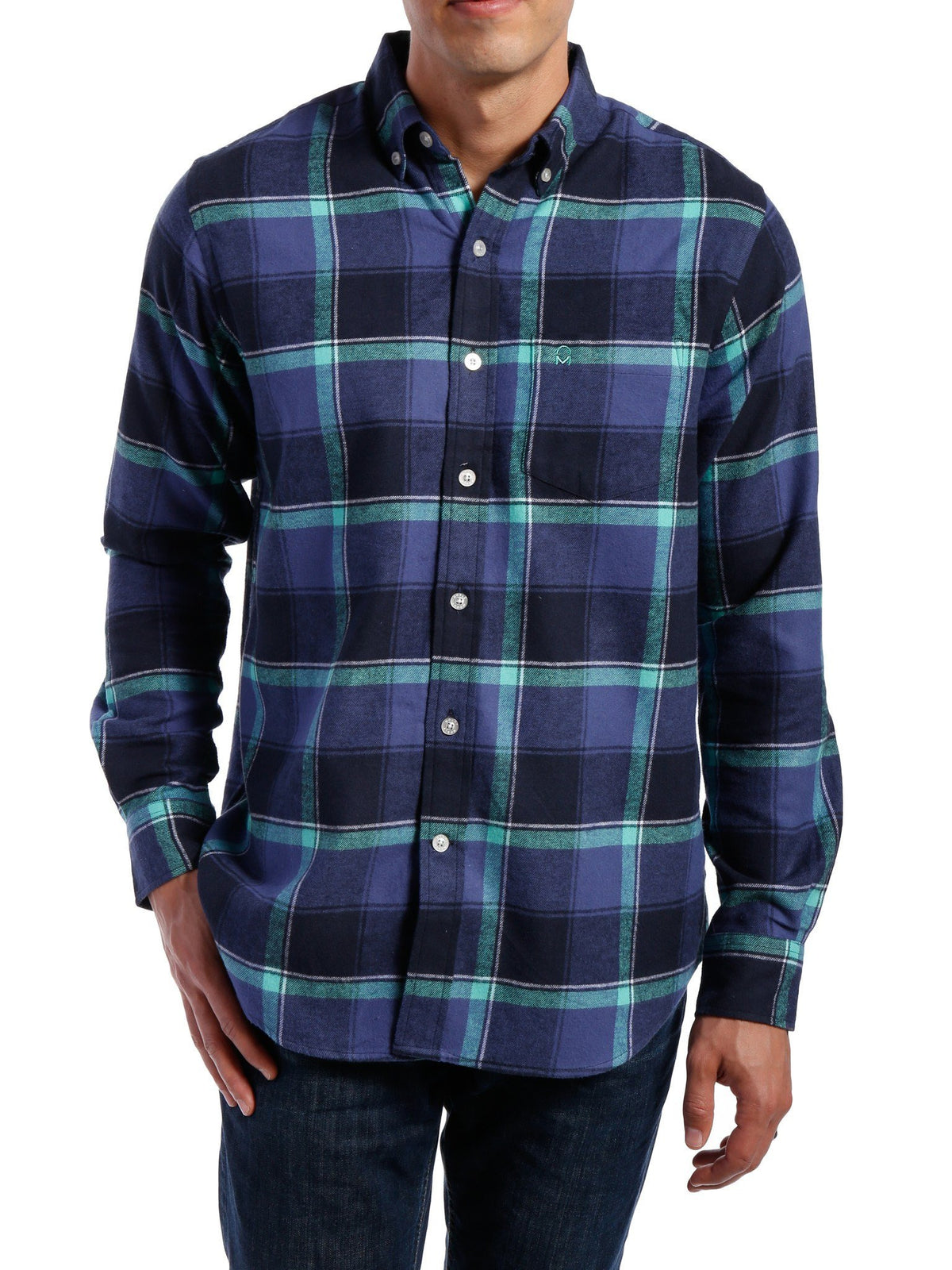 Mens 100% Cotton Flannel Shirt - Regular Fit - Indigo-Green Plaid