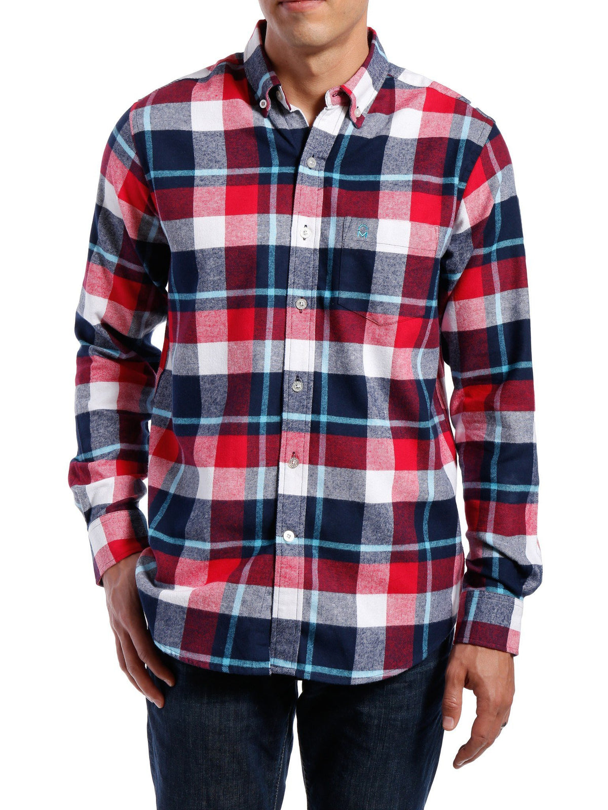 Mens 100% Cotton Flannel Shirt - Regular Fit - Red-White-Blue Plaid