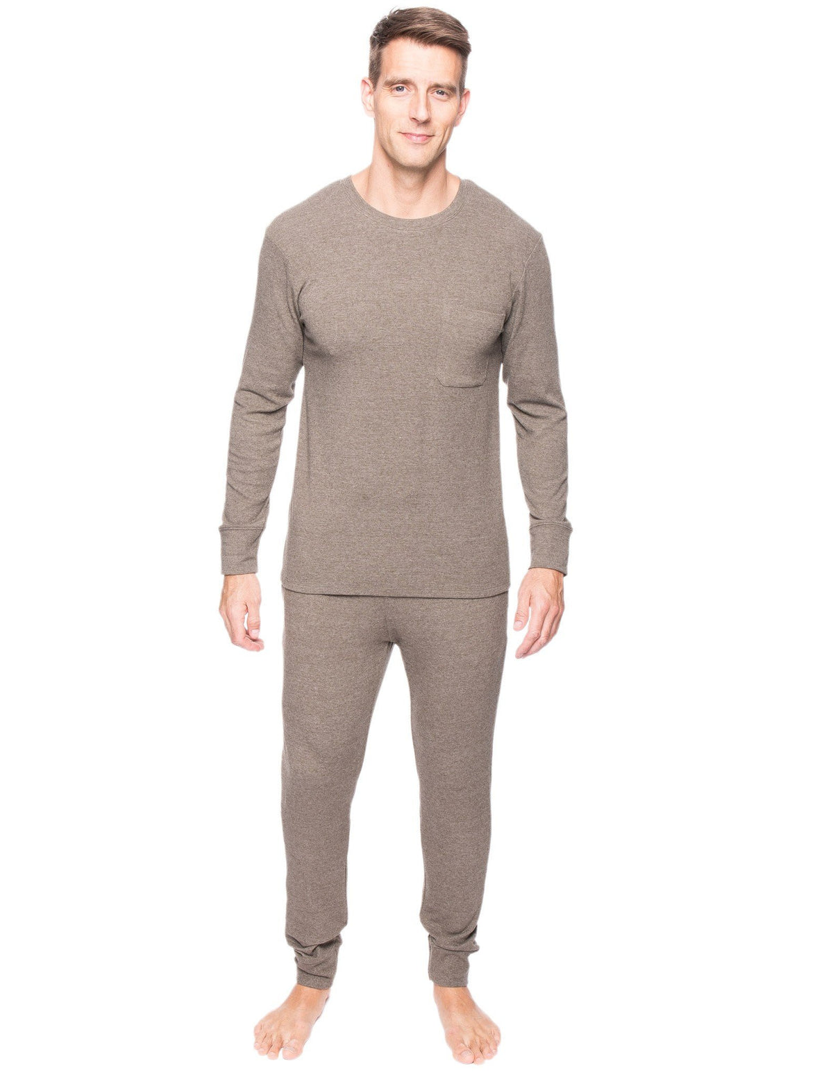 Leveret Mens Two Piece Thermal Pajamas Solid Beige Small at