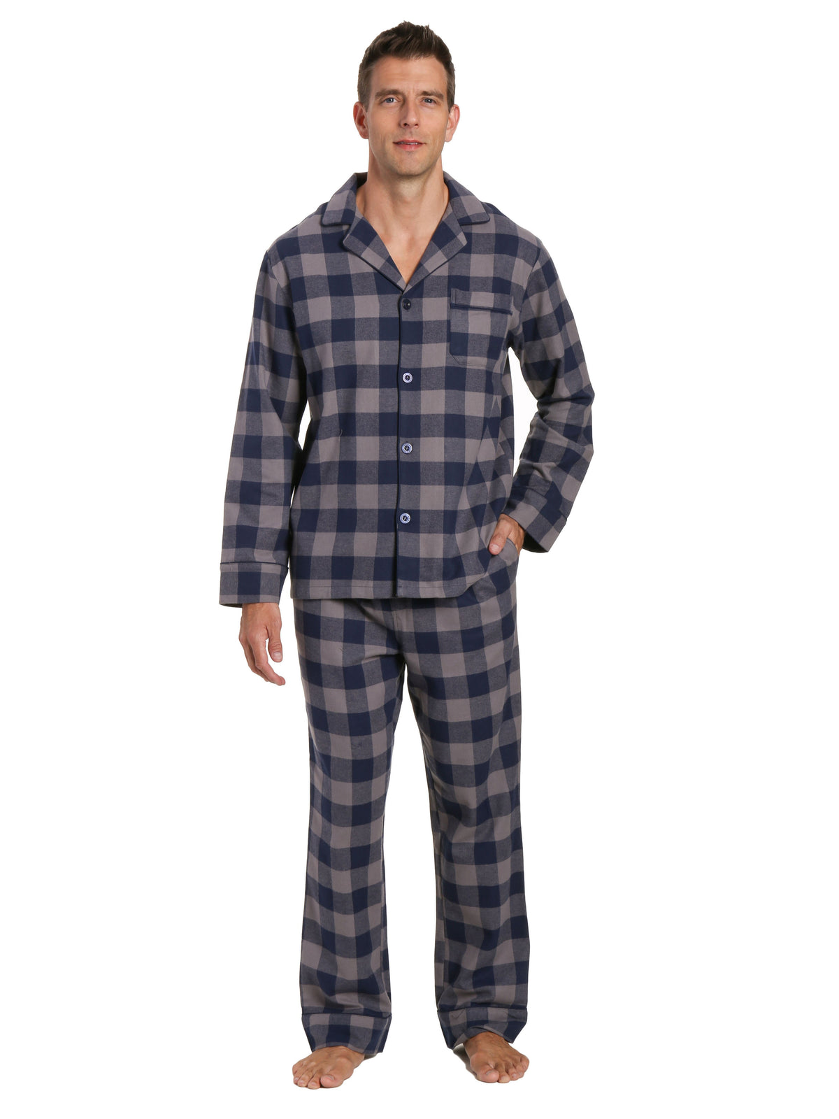 Mens 100% Cotton Flannel Pajama Set - Gingham Checks - Charcoal-Navy
