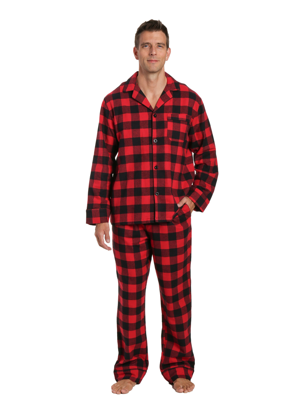 Mens 100% Cotton Flannel Pajama Set - Gingham Checks - Black-Red