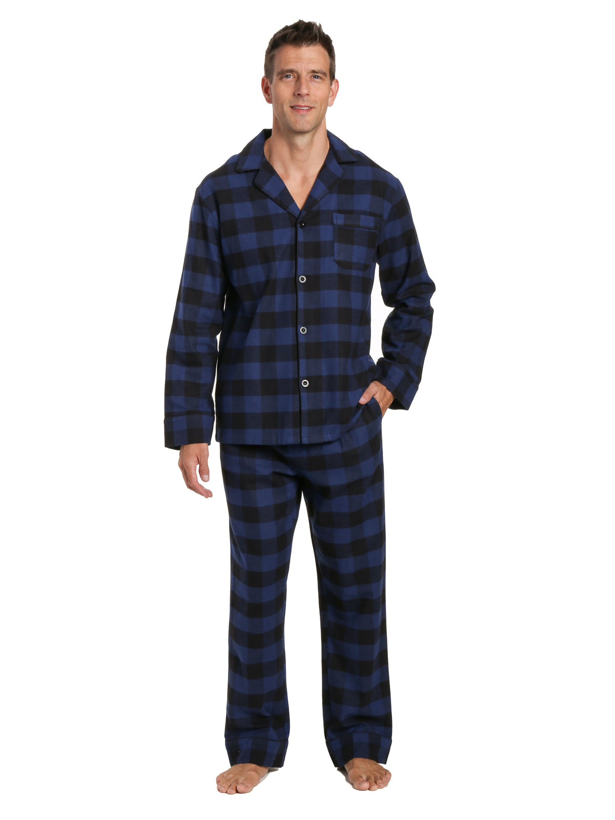 Mens 100% Cotton Flannel Pajama Set - Gingham Checks - Black-Blue