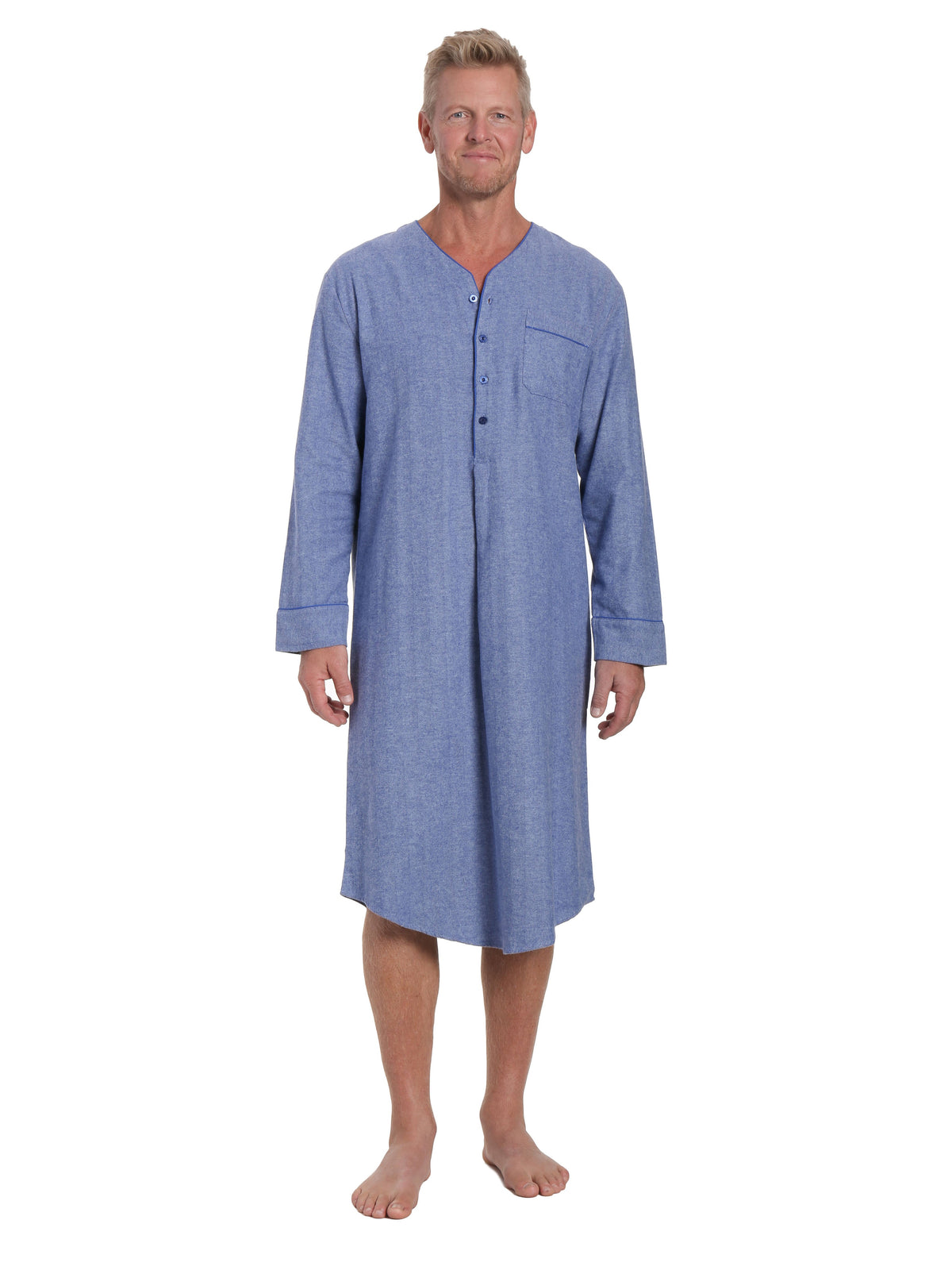 Mens 100% Cotton Flannel Nightshirt - Herringbone Blue
