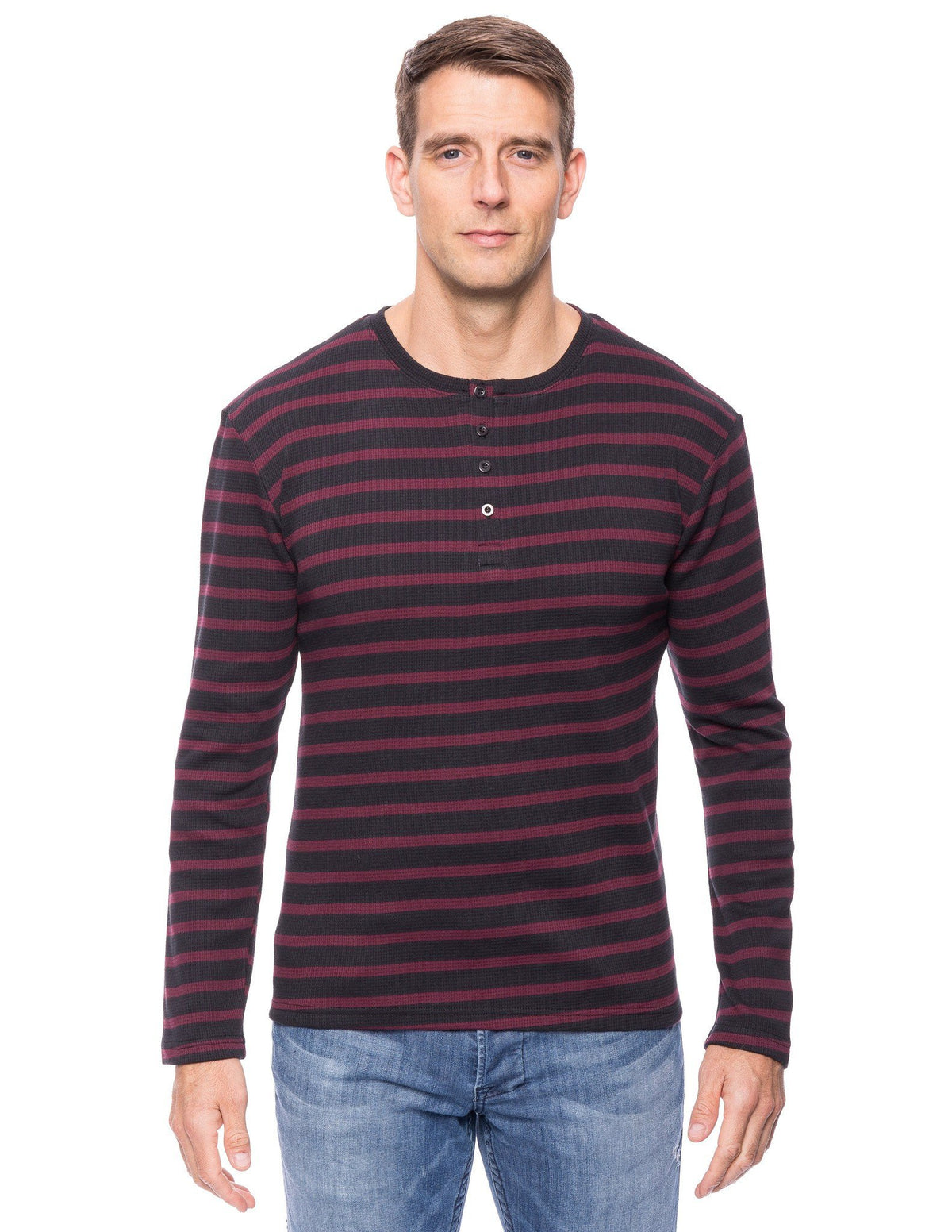 Men's Solid Thermal Henley Long Sleeve T-shirts - Stripes Black/Fig