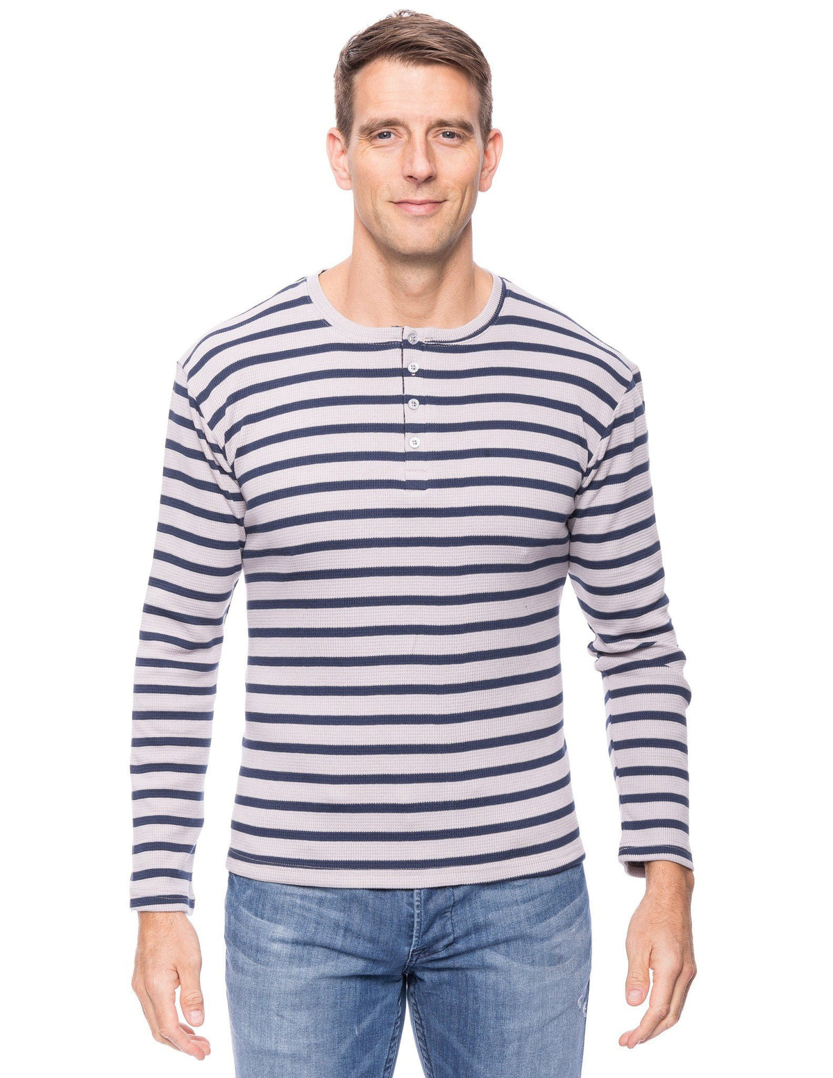 Men's Solid Thermal Henley Long Sleeve T-shirts - Stripes Heather Grey/Navy