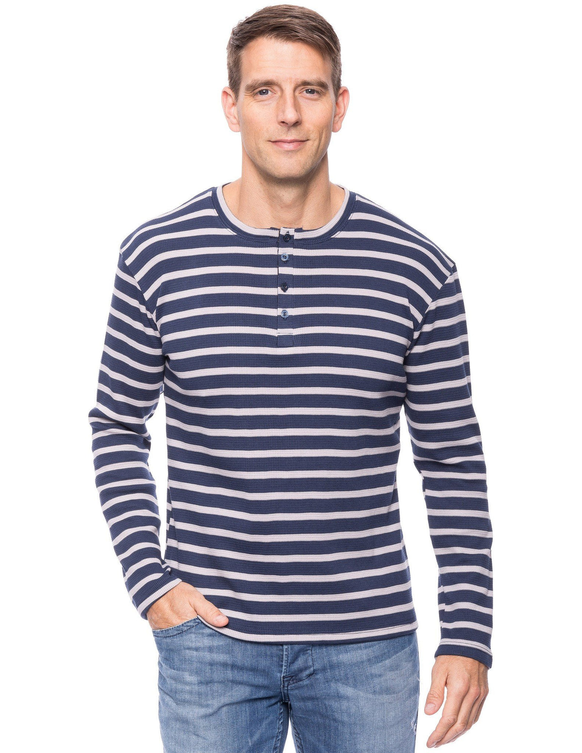 Men's Solid Thermal Henley Long Sleeve T-shirts - Stripes Navy/Heather Grey