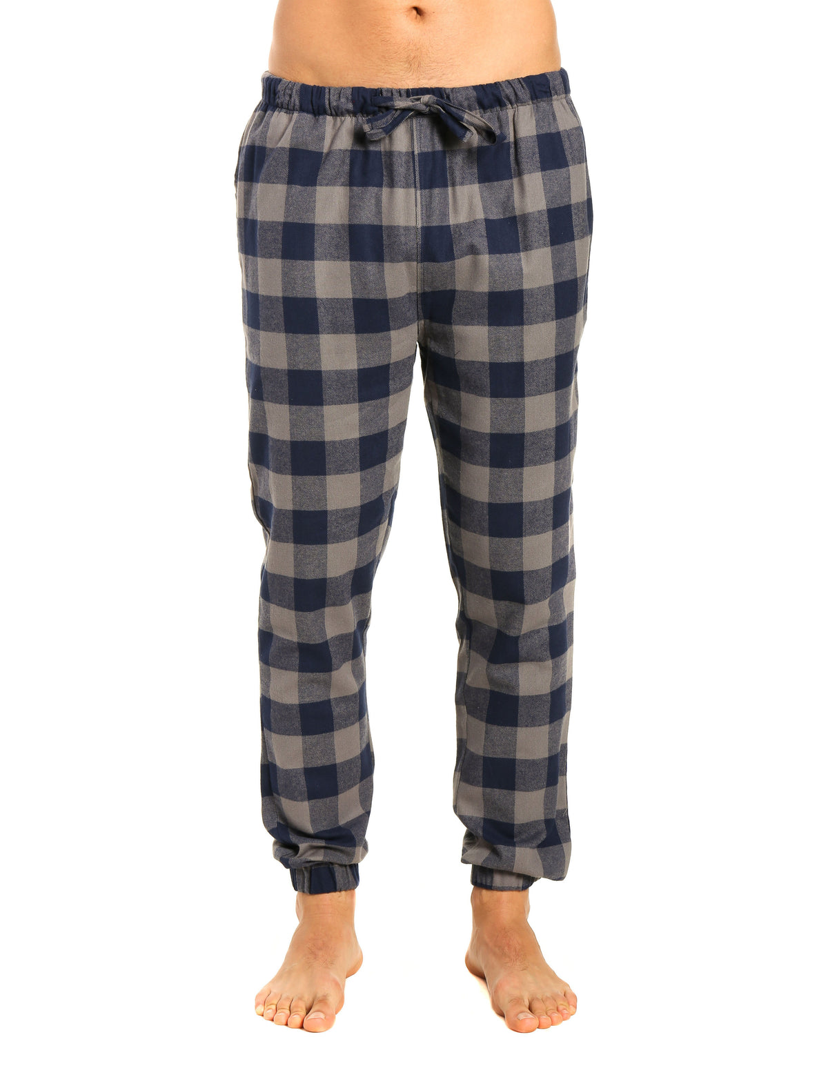 Mens 100% Cotton Flannel Jogger Lounge Pants - Gingham Checks - Charcoal-Navy