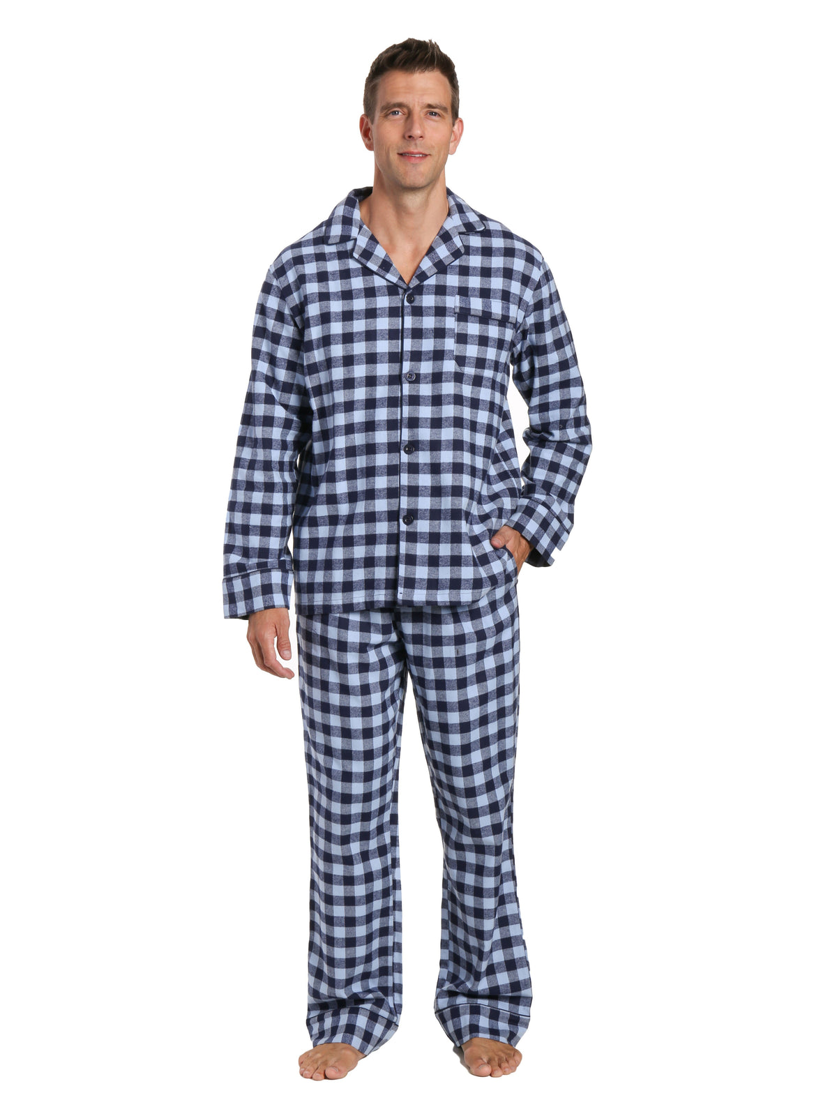 Box Packaged Men's Premium 100% Cotton Flannel Pajama Sleepwear Set - Gingham Checks Navy Blue