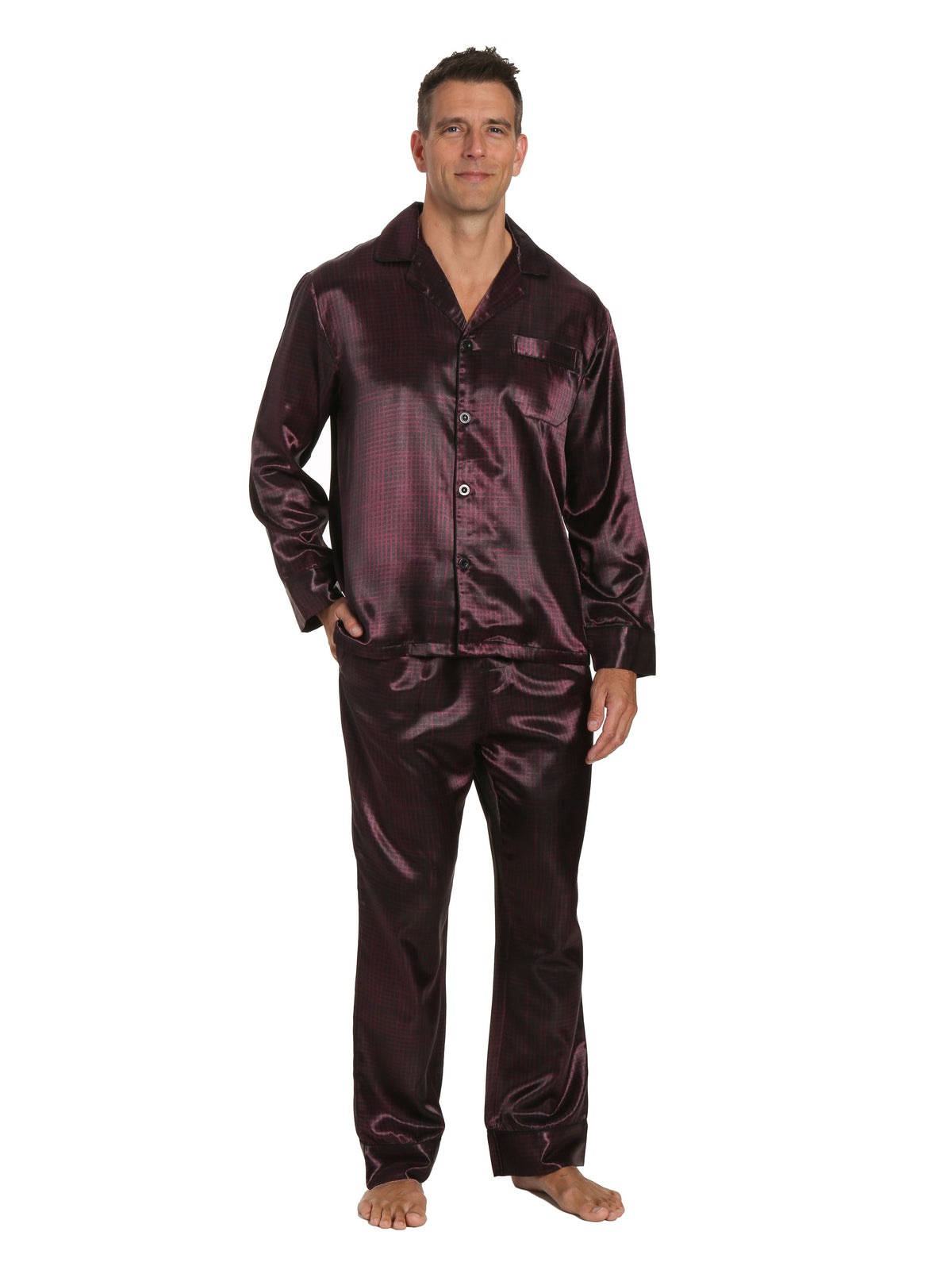 Men's Premium Satin Pajama Sleepwear Set - Free Checks - Black/Fig