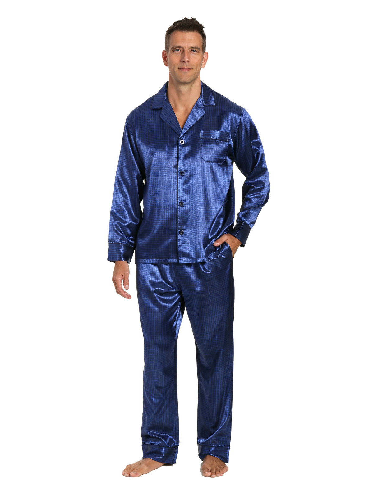 Men's Premium Satin Pajama Sleepwear Set - Free Checks - Dark Blue
