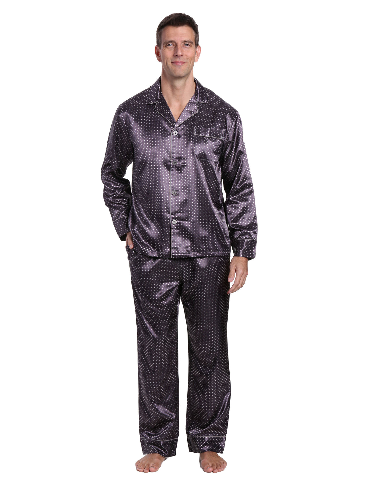Men's Premium Satin Pajama Sleepwear Set - Geo Diamonds - Dark Gray
