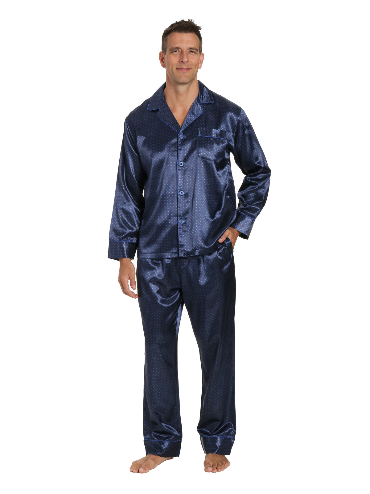 Men's Premium Satin Pajama Sleepwear Set - Geo Diamonds - Dark Blue