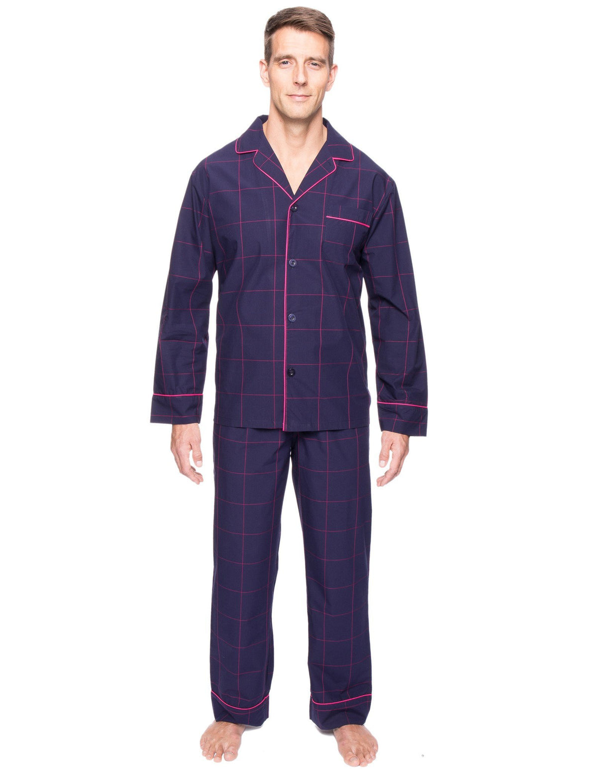 Men's Premium 100% Cotton Woven Pajama Sleepwear Set - Windowpane Checks Blue/Red