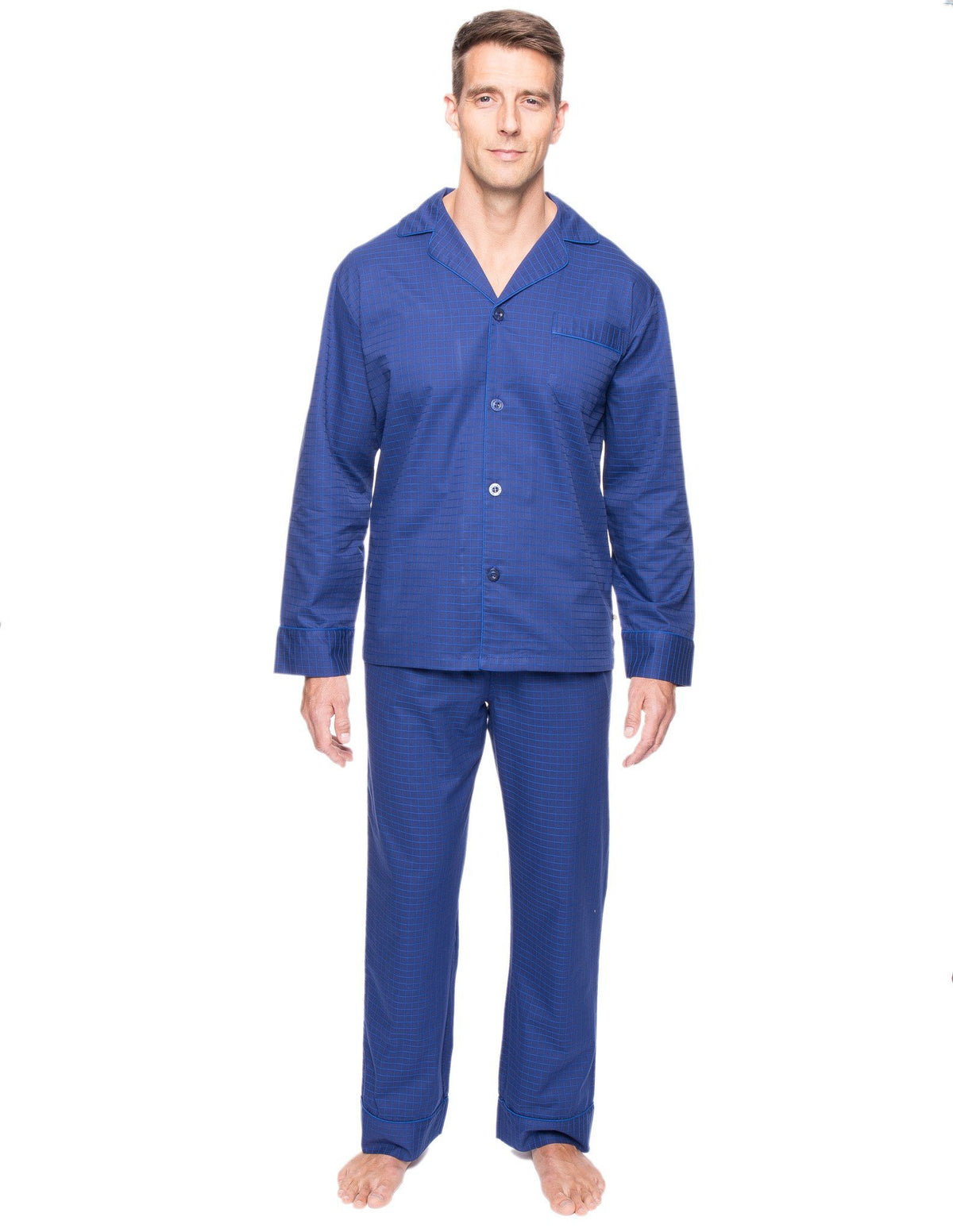 Men's Premium 100% Cotton Woven Pajama Sleepwear Set - Windowpane Checks Navy/Blue