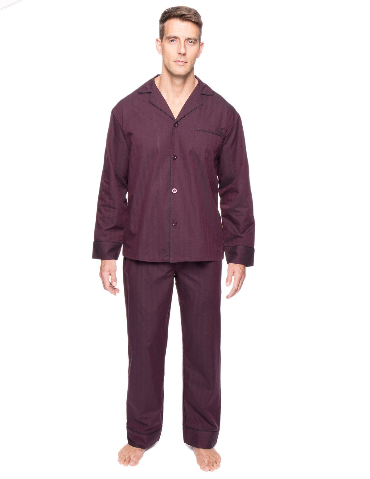 Men's Premium 100% Cotton Woven Pajama Sleepwear Set - Herringbone Fig/Black