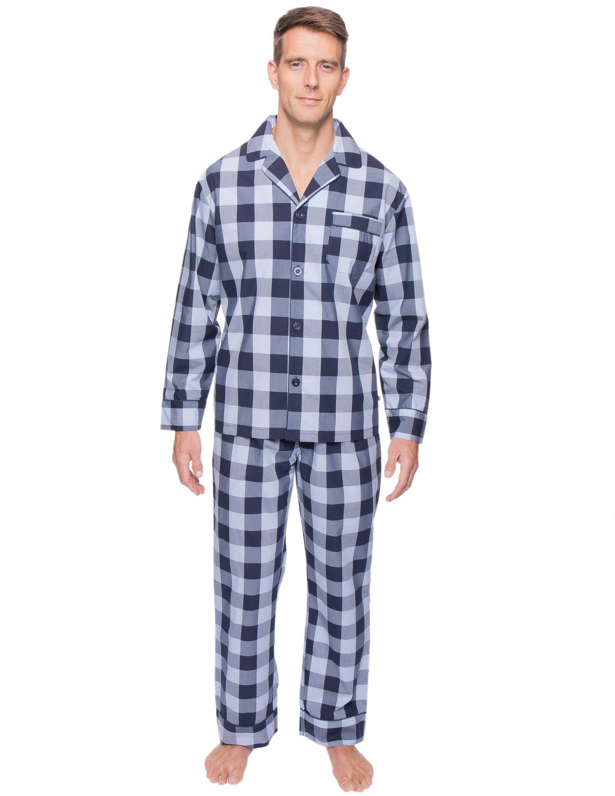 Men's Premium 100% Cotton Woven Pajama Sleepwear Set - Gingham Blue