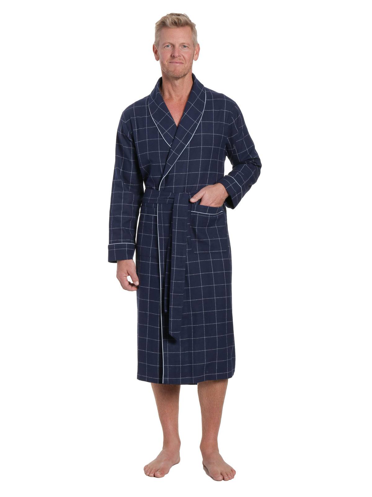Mens Premium 100% Cotton Flannel Robe - Windowpane Checks - Navy