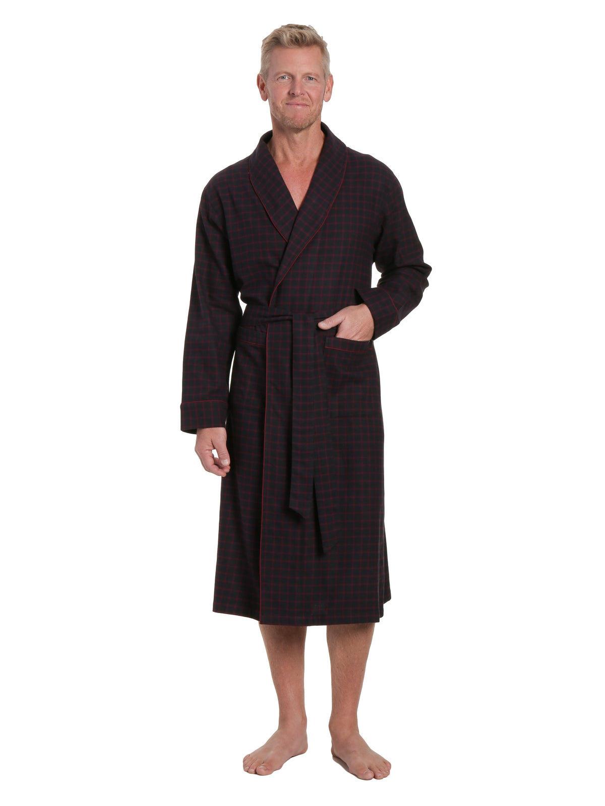 Mens Premium 100% Cotton Flannel Robe - Checks - Black-Fig