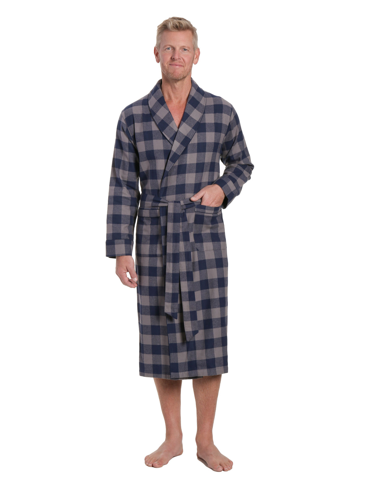 Mens Premium 100% Cotton Flannel Robe - Gingham Checks - Charcoal-Navy